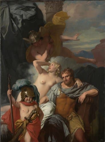 Mercurius gelast Calypso om Odysseus te laten vertrekken by Gerard de Lairesse
