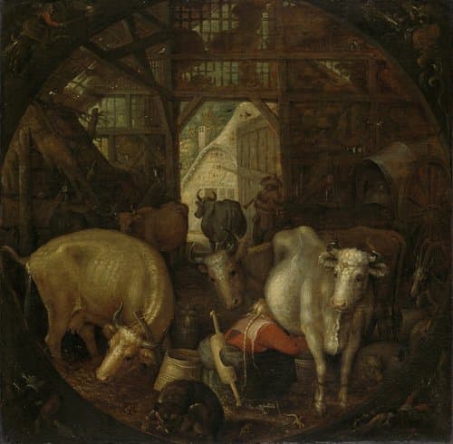 Cows in a Stable; Witches in the Four Corners by Roelant Savery