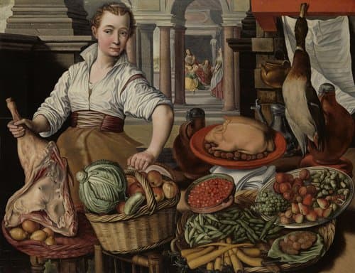 Keukenstuk, met op de achtergrond Jezus bij Martha en Maria by Joachim Bueckelaer