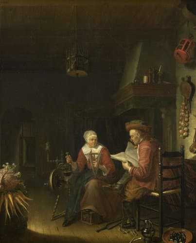 Binnenhuis met lezende man en haspelende vrouw