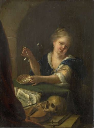 Bellenblazend meisje bij een vanitas stilleven by Adriaen van der Werff