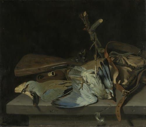 Stilleven van jachttuig en twee scharrelaars by Hendrick ten Oever