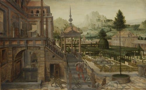 Parkaanleg bij een paleis met op de voorgrond de arme Lazarus