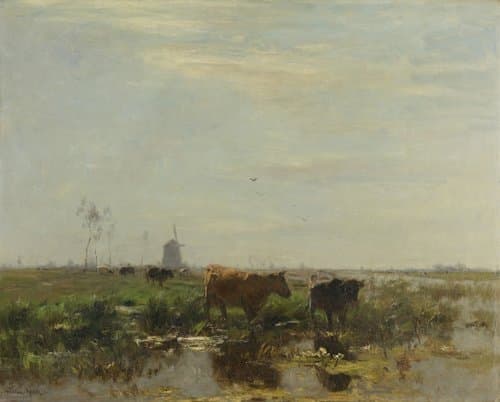 Weide met koeien aan het water by Willem Maris