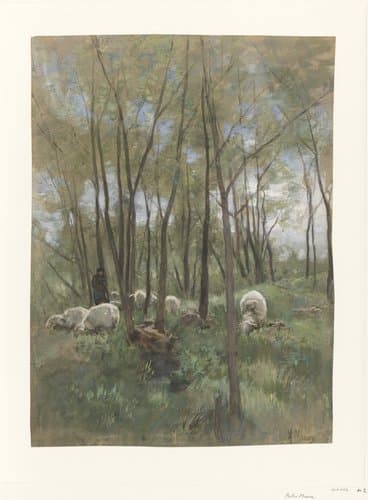Schapenkudde in een bos by Anton Mauve