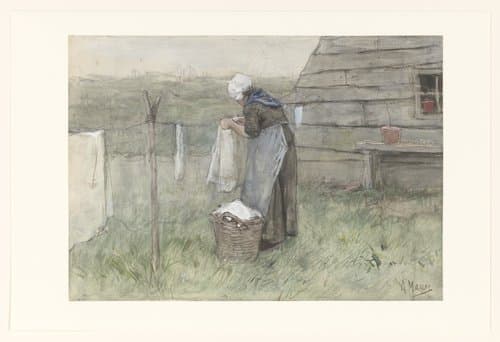 Vrouw bij een waslijn by Anton Mauve