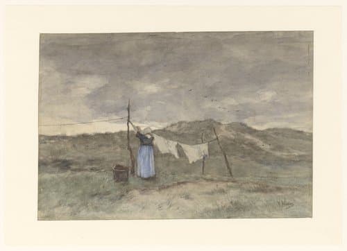 Vrouw bij een waslijn in de duinen by Anton Mauve