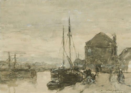 Gezicht op de Turfmarkt met de Eendjespoort in Haarlem by Johan Hendrik Weissenbruch