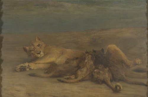 Een leeuwin met vier zogende welpen, genaamd 'Moederliefde' by John Macallan Swan