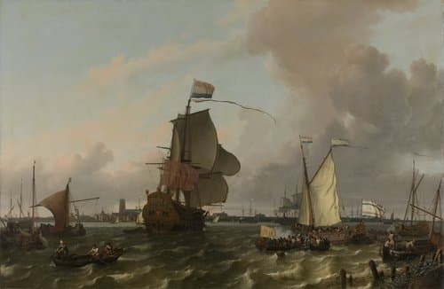 Het oorlogsschip Brielle op de Maas voor Rotterdam