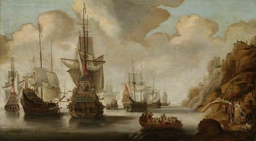 Een Frans eskader bij een rotsachtige kust by Jacob Bellevois