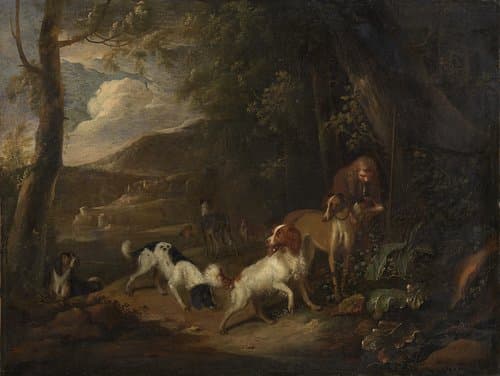 Jager met honden aan bosrand