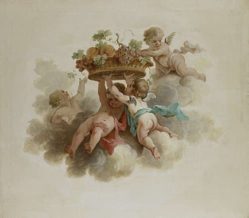 Vier putti die een vruchtenmand dragen by anonymous