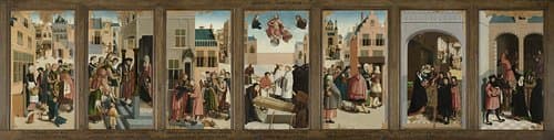 De zeven werken van barmhartigheid; 1: Het spijzen van de hongerigen 2: Het laven van de dorstigen 3: Het kleden van de naakten 4: Het begraven van de doden 5: Het herbergen van de reizigers 6: Het bezoeken van de zieken 7: Het vertroosten van de gevangenen
