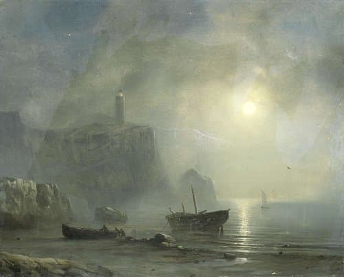 View of a Rocky Coast by Moonlight by Théodore Gudin