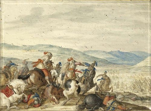 Ruitergevecht in bergachtig landschap by Bartholomäus Dietterlin