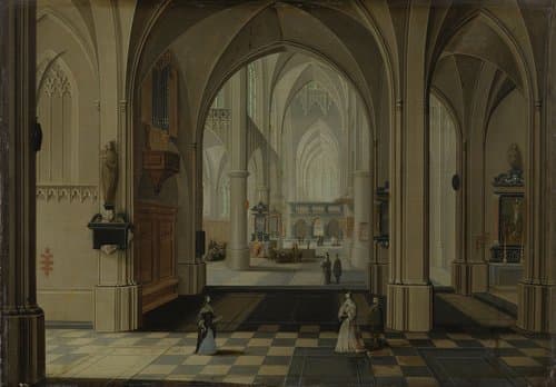 Interieur van een imaginaire gotische kerk