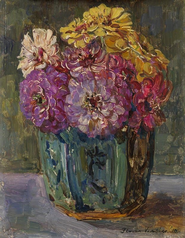 Still Life with Zinnias in a green Jar by Floris Verster