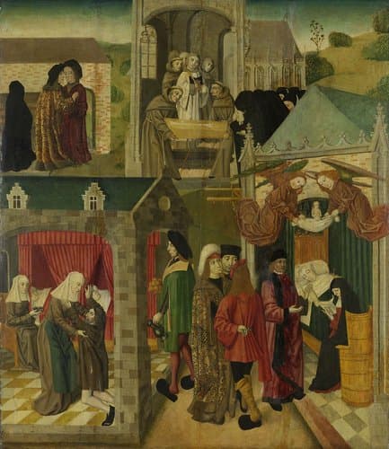 Binnenzijde van de rechtervleugel van een altaarstuk met de heilige Elisabeth die de zieken in Marburg verzorgt en de dood van de heilige Elisabeth by Master of the St Elizabeth Panels