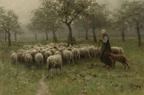 Herderin met kudde schapen by Anton Mauve