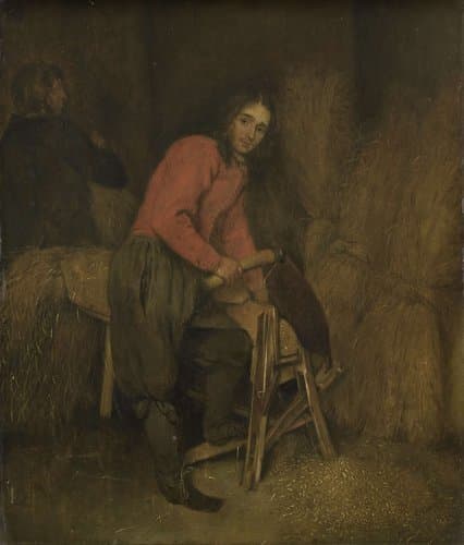 Trimming bales of hay by Caspar Netscher