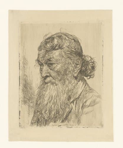 Hoofd van een oude man met baard en haar in een knot by anonymous