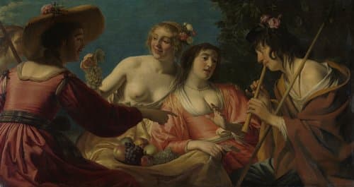 Shepherd Playing the Flute, and four Nymphs by Gerard van Honthorst