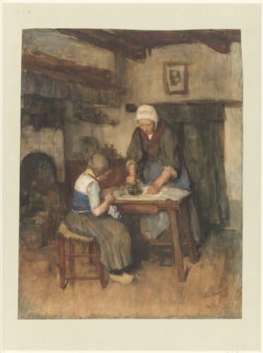Interieur met strijkende vrouw en naaiend kind