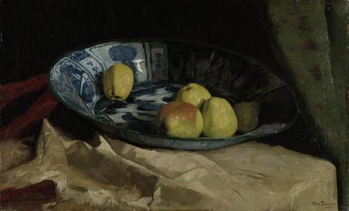 Stilleven met appels op een Delfts blauwe schaal by Willem de Zwart