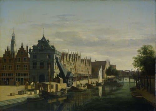 De Waag en de kraan aan het Spaarne te Haarlem by Gerrit Berckheyde