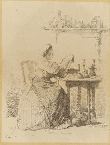 Dienstmeisje dat aan tafel zit te poetsen.