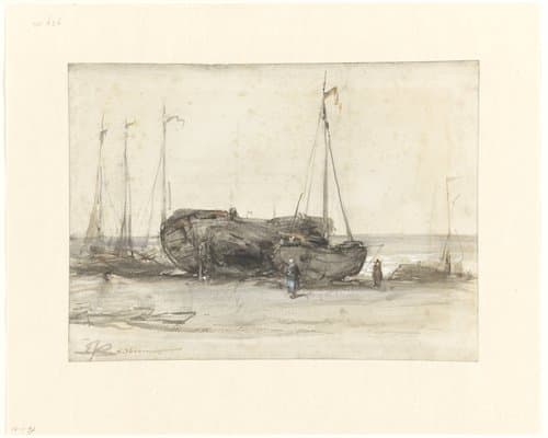 Vissersboten op het strand van Scheveningen by Johannes Bosboom