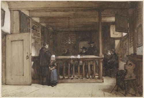 Betaaldag: De schepenkamer in het Rechthuis te Nieuw-Loosdrecht by Johannes Bosboom