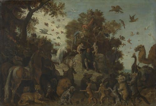 The poet crowned by two apes at the feast of the animals by Roelant Savery