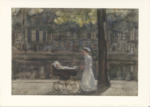 Dienstmeisje met kinderwagen op de Keizersgracht by Isaac Israels