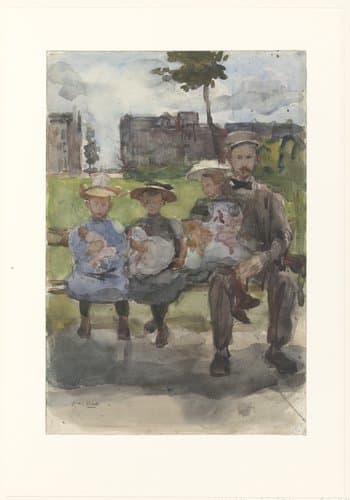 Man met drie meisjes op een bank in het Oosterpark te Amsterdam by Isaac Israels