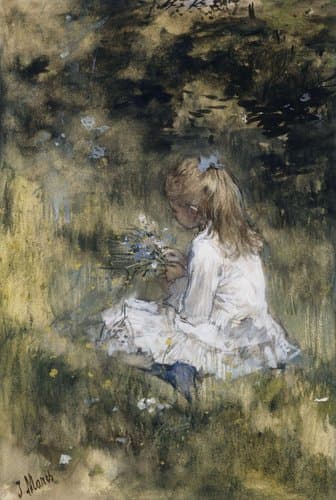 Een meisje met bloemen in het gras by Jacob Maris