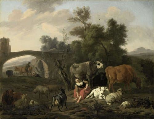 Landschap met herdersvolk en vee by Dirck van Bergen