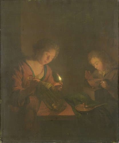 Een meisje plaatst een kaars in een lantaarn en een jongen verzorgt een vuurtest voor een stoof by Godfried Schalcken