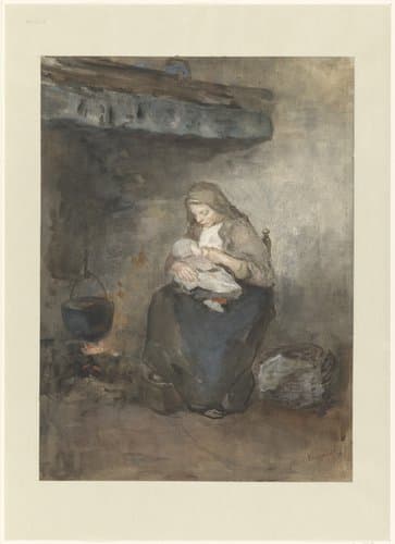 Moeder zoogt haar kind bij de haard by Albert Neuhuys (1844-1914)