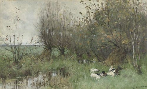 Eenden bij een wilgenbosje by Geo Poggenbeek
