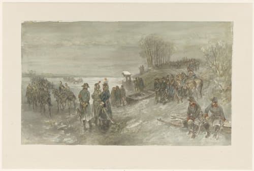 Franse troepen trekken over een bevroren rivier