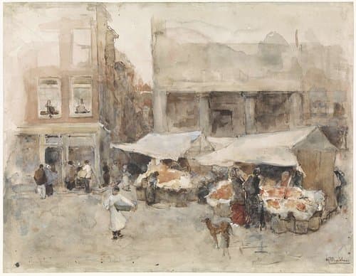 Markt met bloemenstalletjes in Rotterdam by George Hendrik Breitner