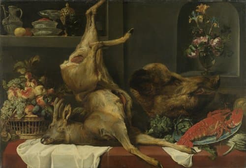 Stilleven met groot dood wild, vruchten en bloemen by Frans Snijders