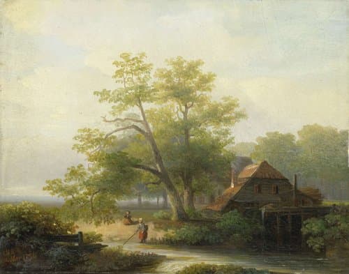 Watermolen in een bosachtig landschap by Lodewijk Hendrik Arends
