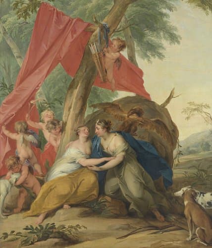 Jupiter, vermomd als Diana, verleidt de nimf Callisto by Jacob de Wit