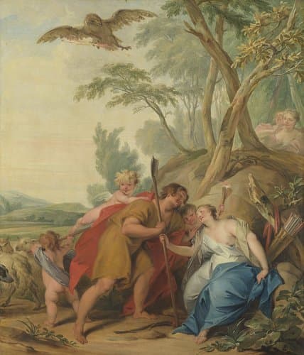 Jupiter, vermomd als herder, verleidt Mnemosyne, godin van het geheugen by Jacob de Wit