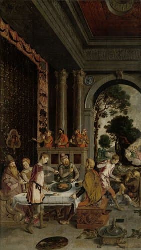 De gelijkenis van de rijke man en de arme Lazarus. Op de achterzijde de beelden van de heilige Petrus en Maria met kind op een terras, in grisaille by anonymous