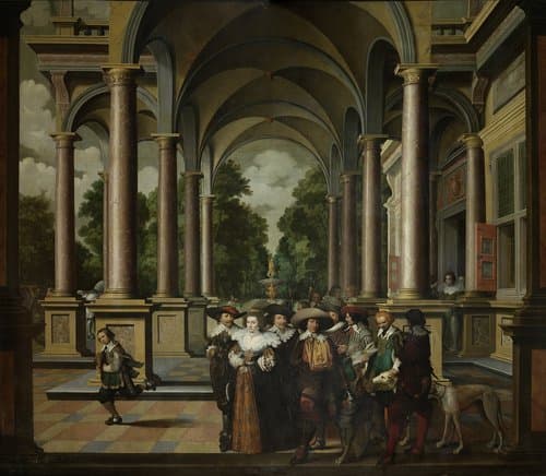 Galerij van een paleis met ornamentale architectuur en zuilen by Dirck van Delen