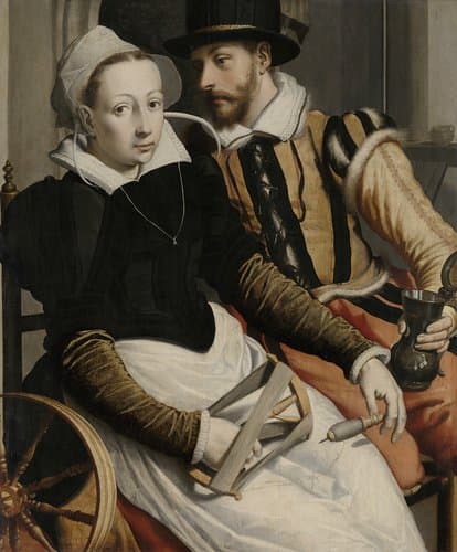 Man en vrouw bij een spinnewiel by Pieter Pietersz. (I)
